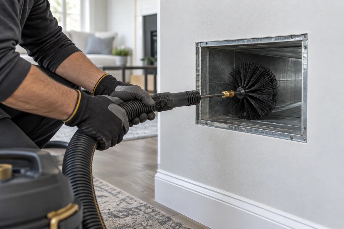 Illustration of a technician using cleaning equipment at an open air-conditioning return duct