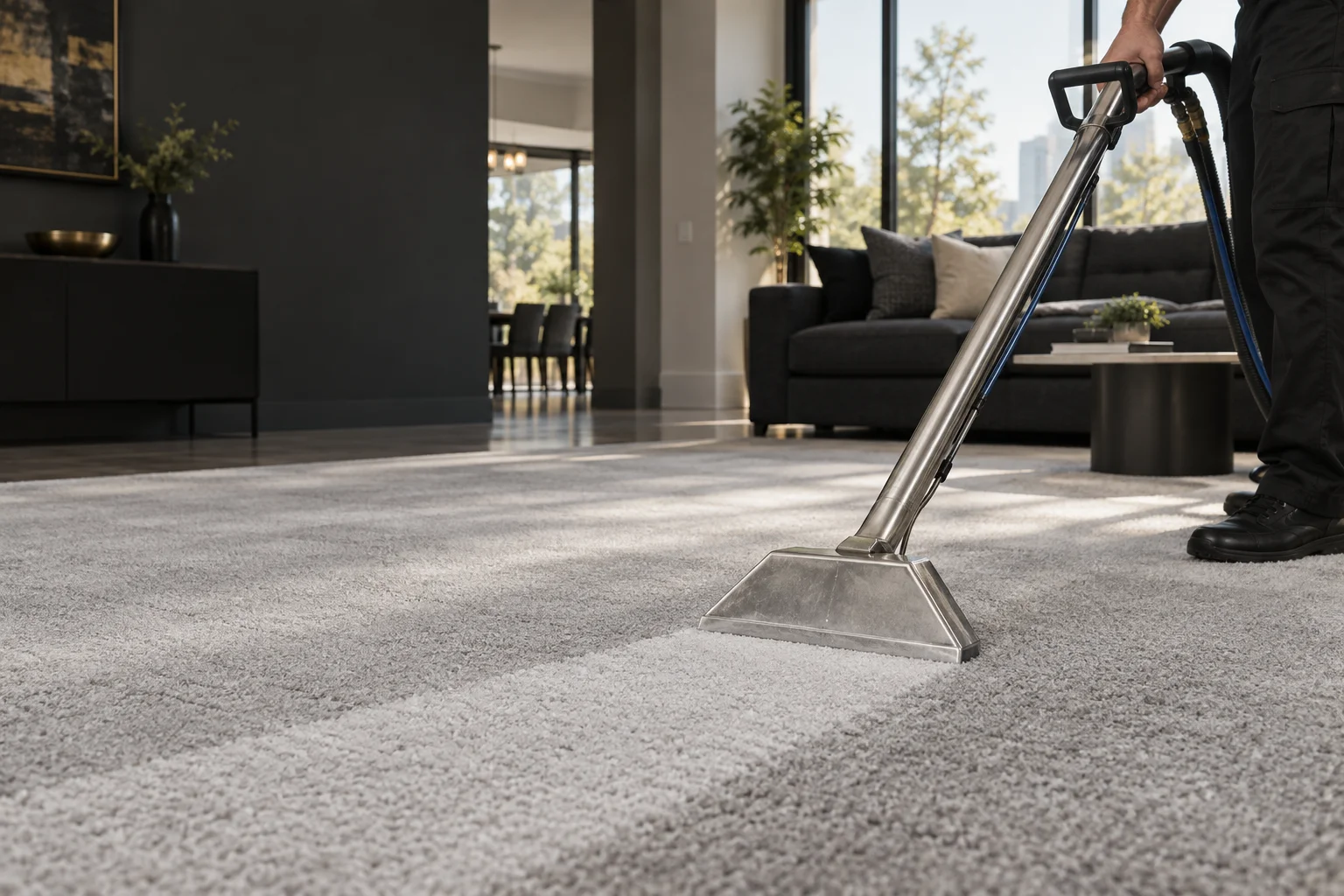 Professional extraction wand cleaning a light gray carpet