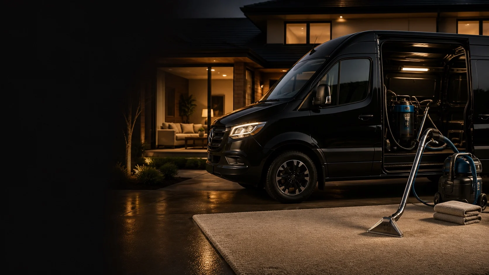 Black van and carpet cleaning equipment outside a home