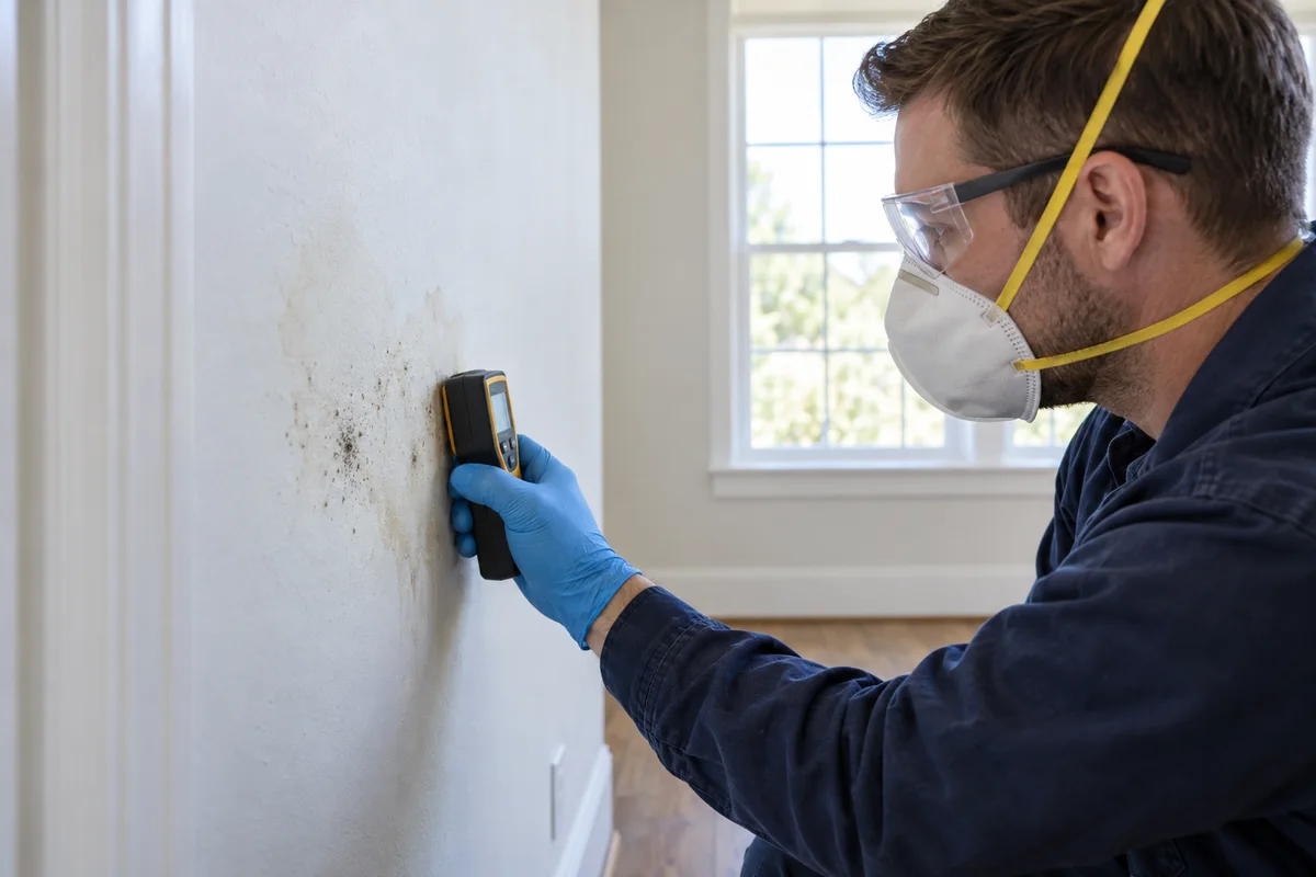 Imagen ilustrativa de un técnico protegido evaluando humedad localizada en una pared