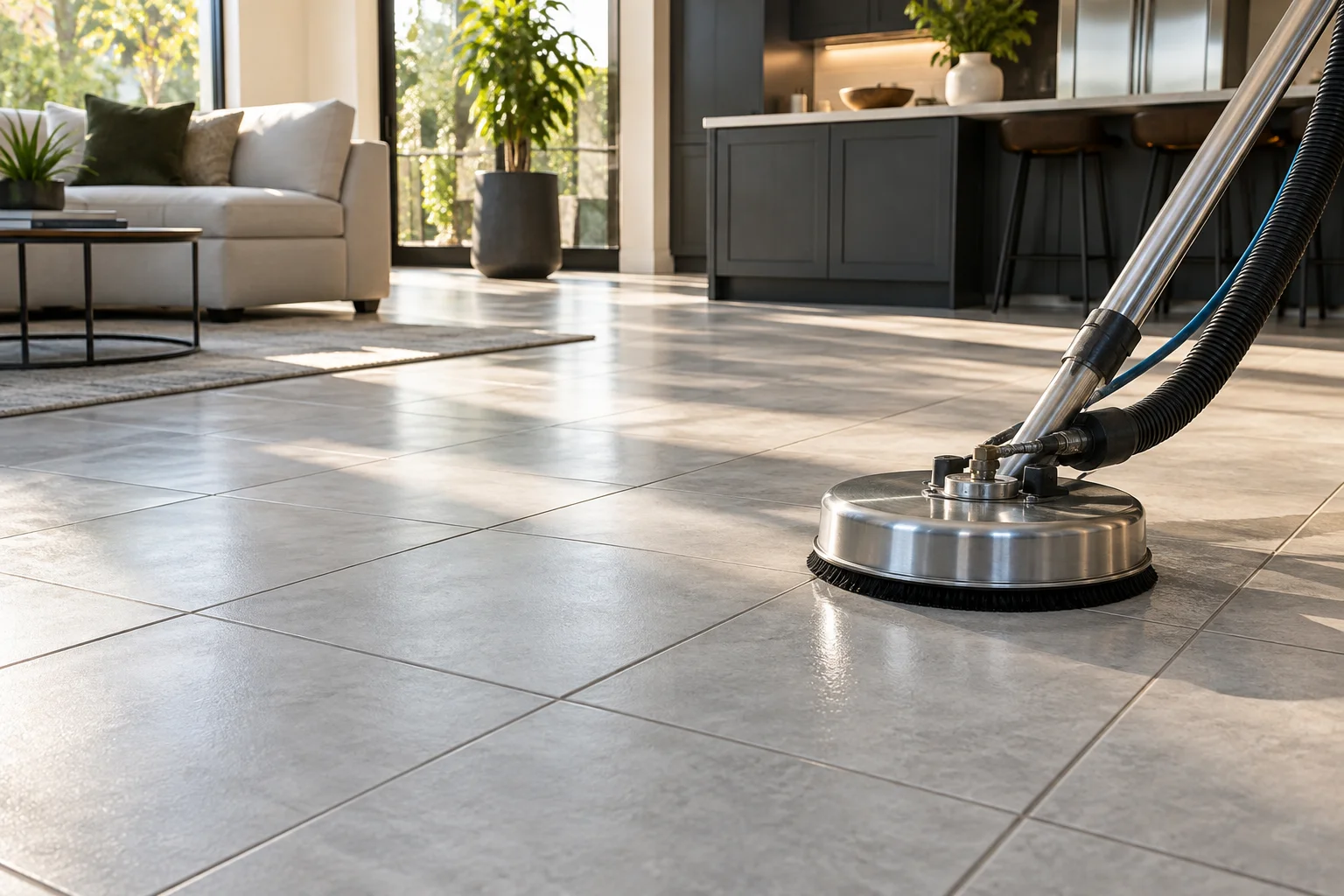 Professional floor cleaning equipment on light gray tile and grout